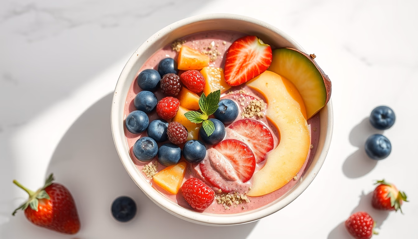 smoothie bowl tropical fruits in editorial style