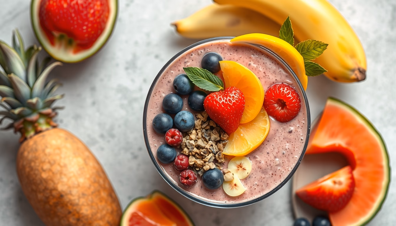 smoothie bowl tropical fruits in editorial style
