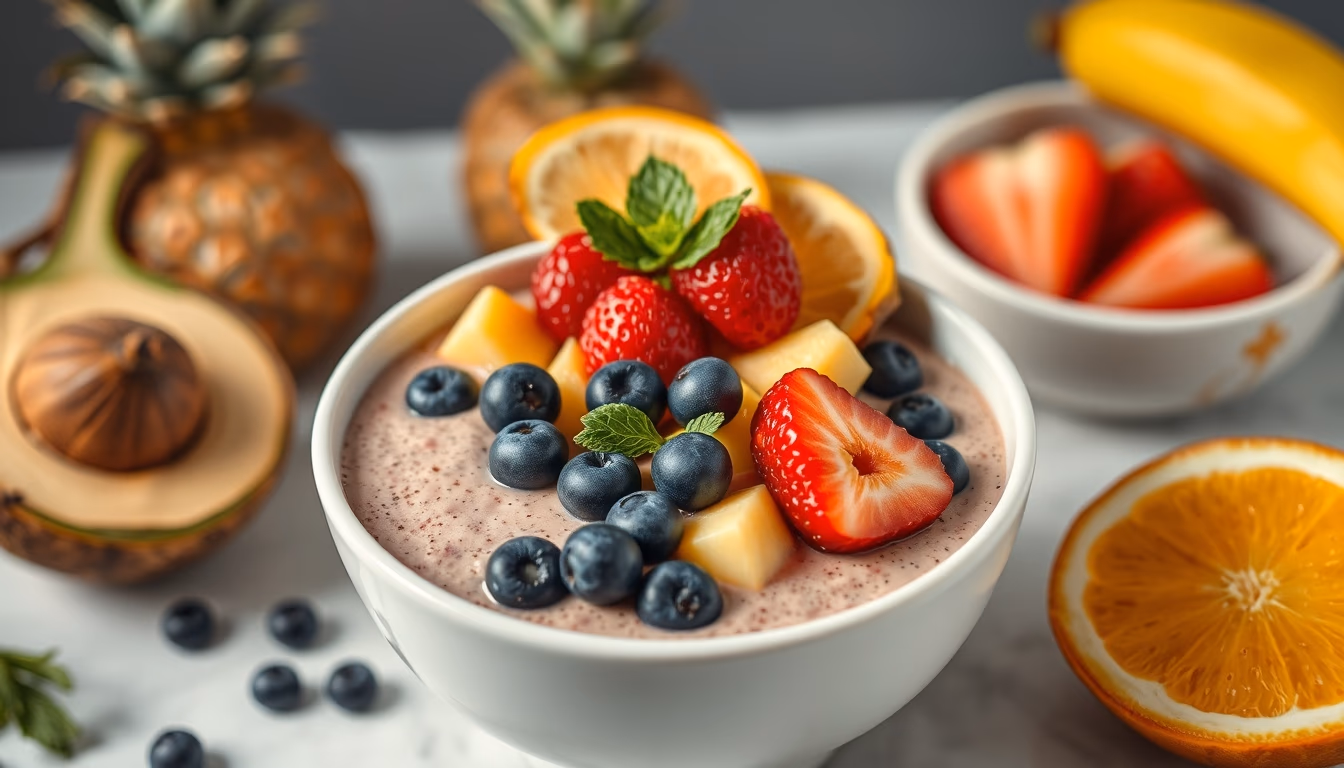 smoothie bowl tropical fruits in editorial style