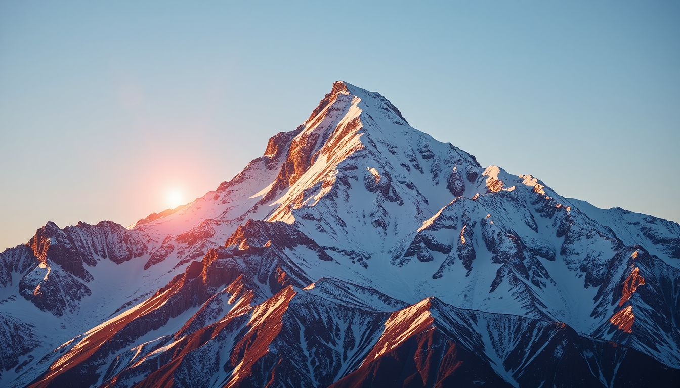 snow capped mountain peak sunrise in editorial style