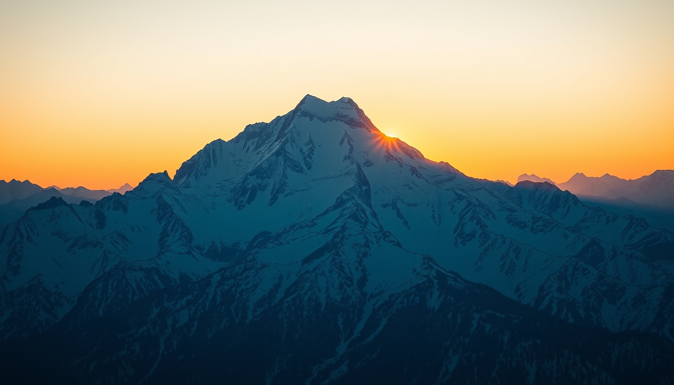 snow capped mountain peak sunrise in editorial style