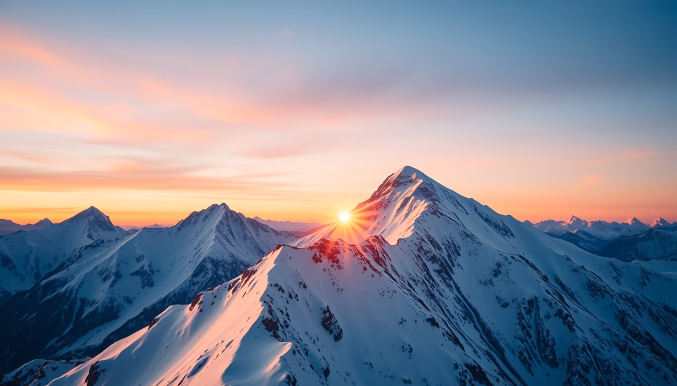 snow capped mountain peak sunrise in editorial style