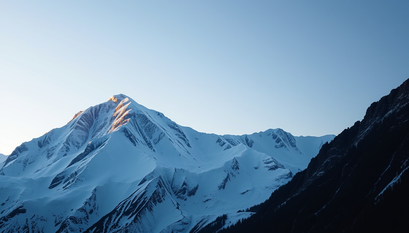 snow capped mountain peak sunrise in editorial style