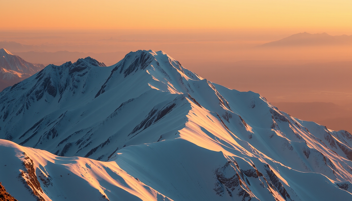 snow capped mountain peak sunrise in editorial style