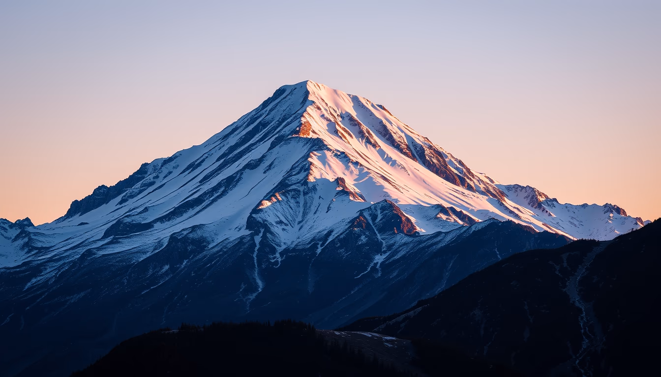 snow capped mountain peak sunrise in editorial style
