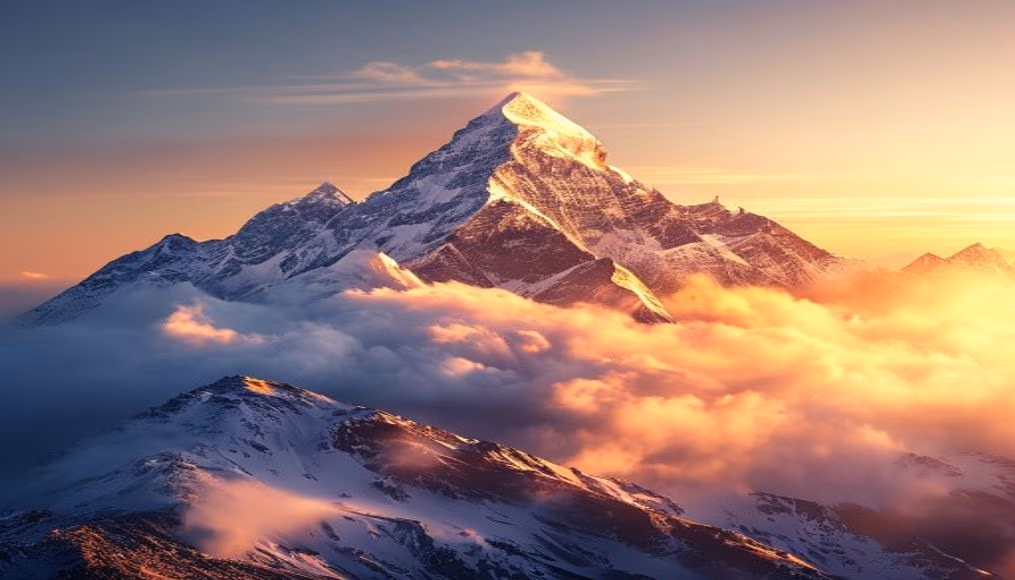 snow capped mountain peak sunrise in editorial style