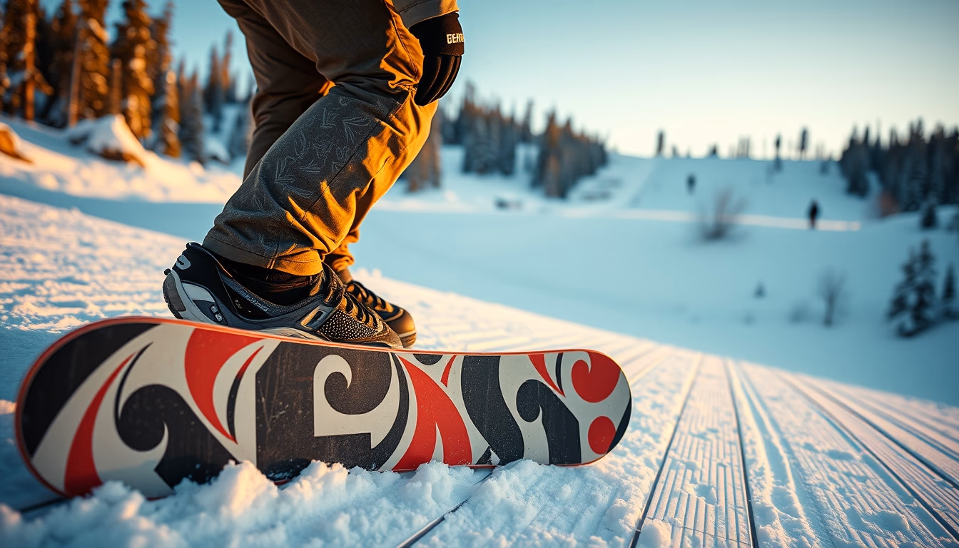 snowboard graphics deck in editorial style