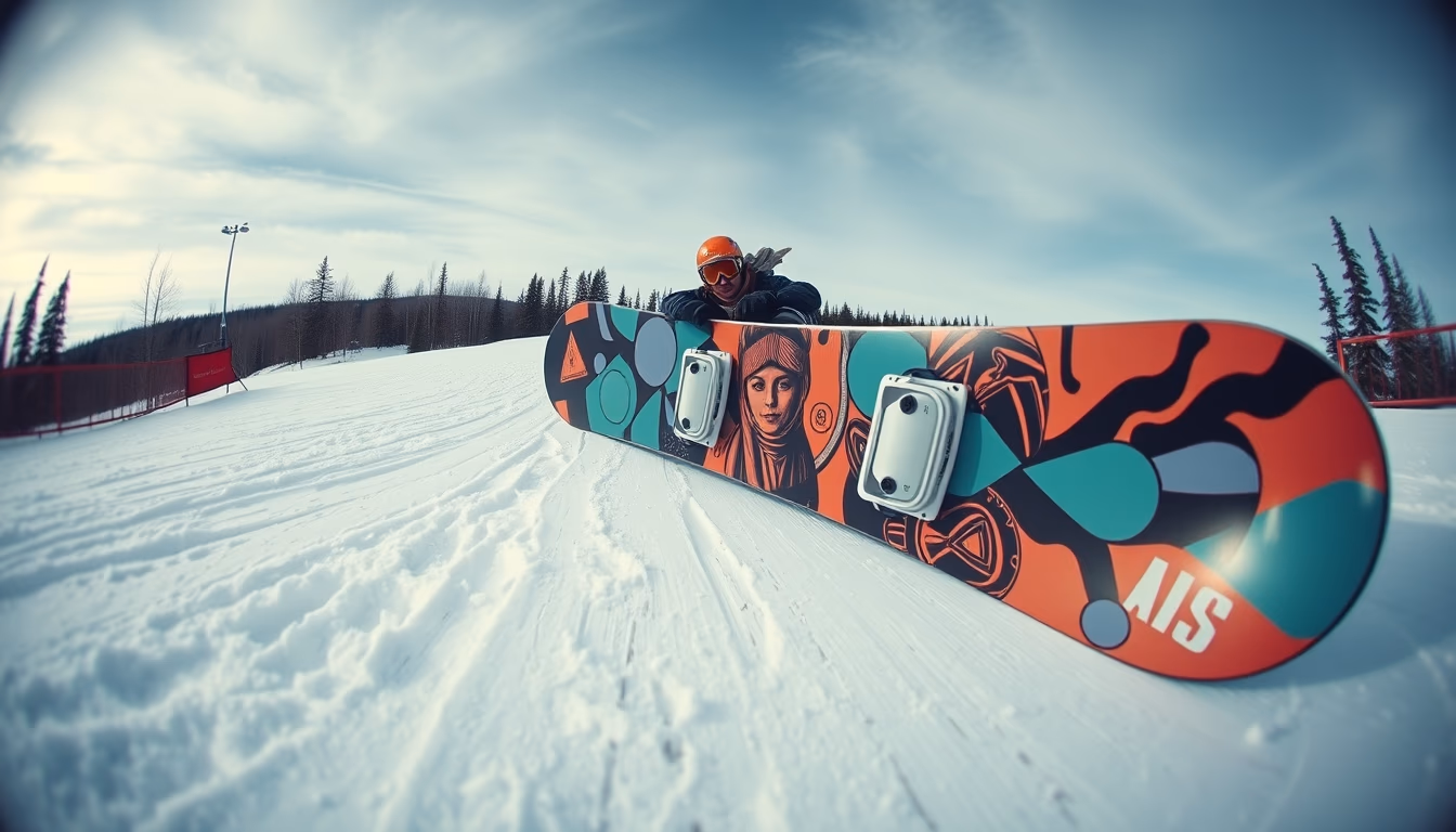 snowboard graphics deck in editorial style