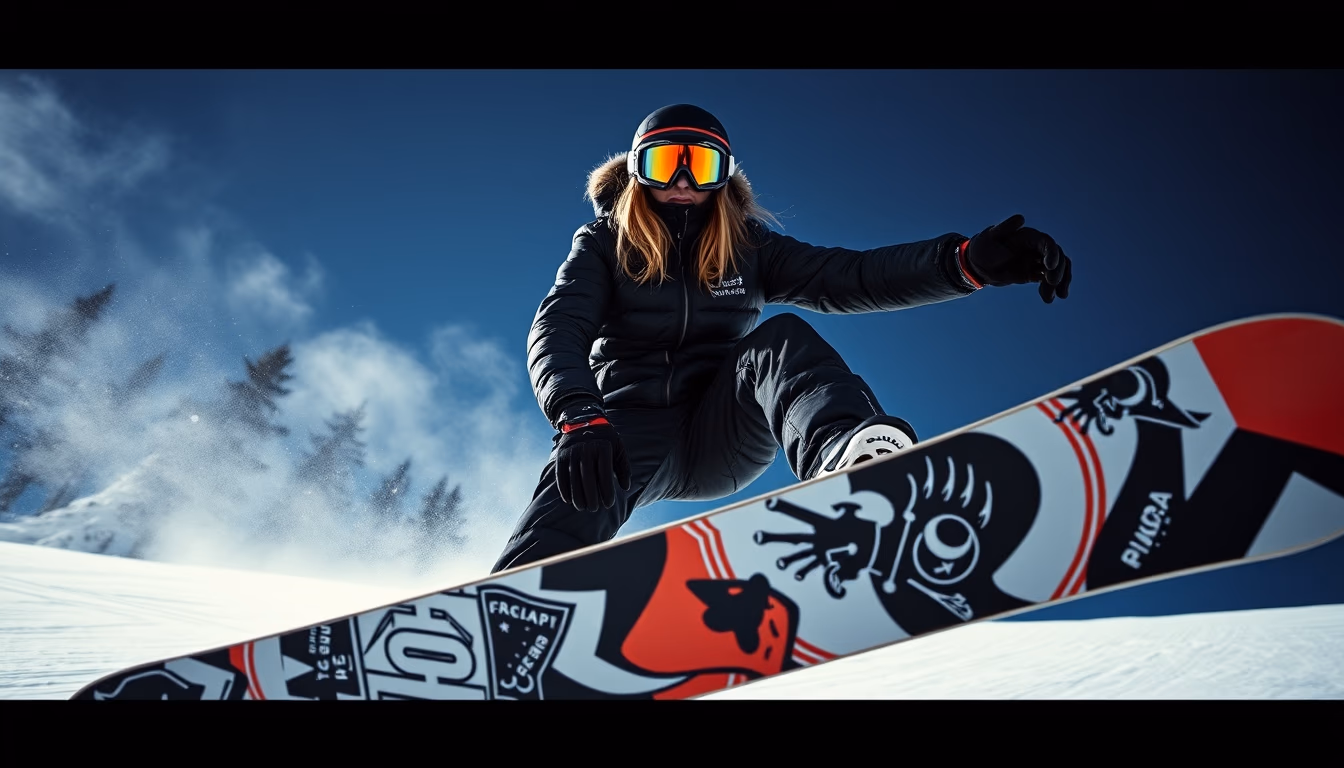 snowboard graphics deck in editorial style