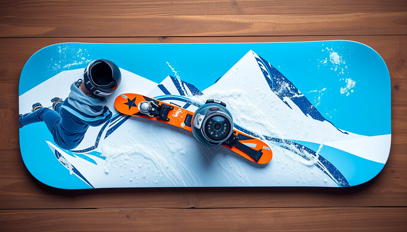 snowboard graphics deck in editorial style