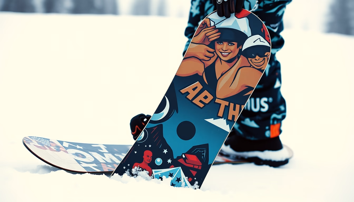 snowboard graphics deck in editorial style