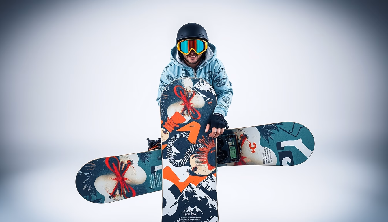 snowboard graphics deck in editorial style