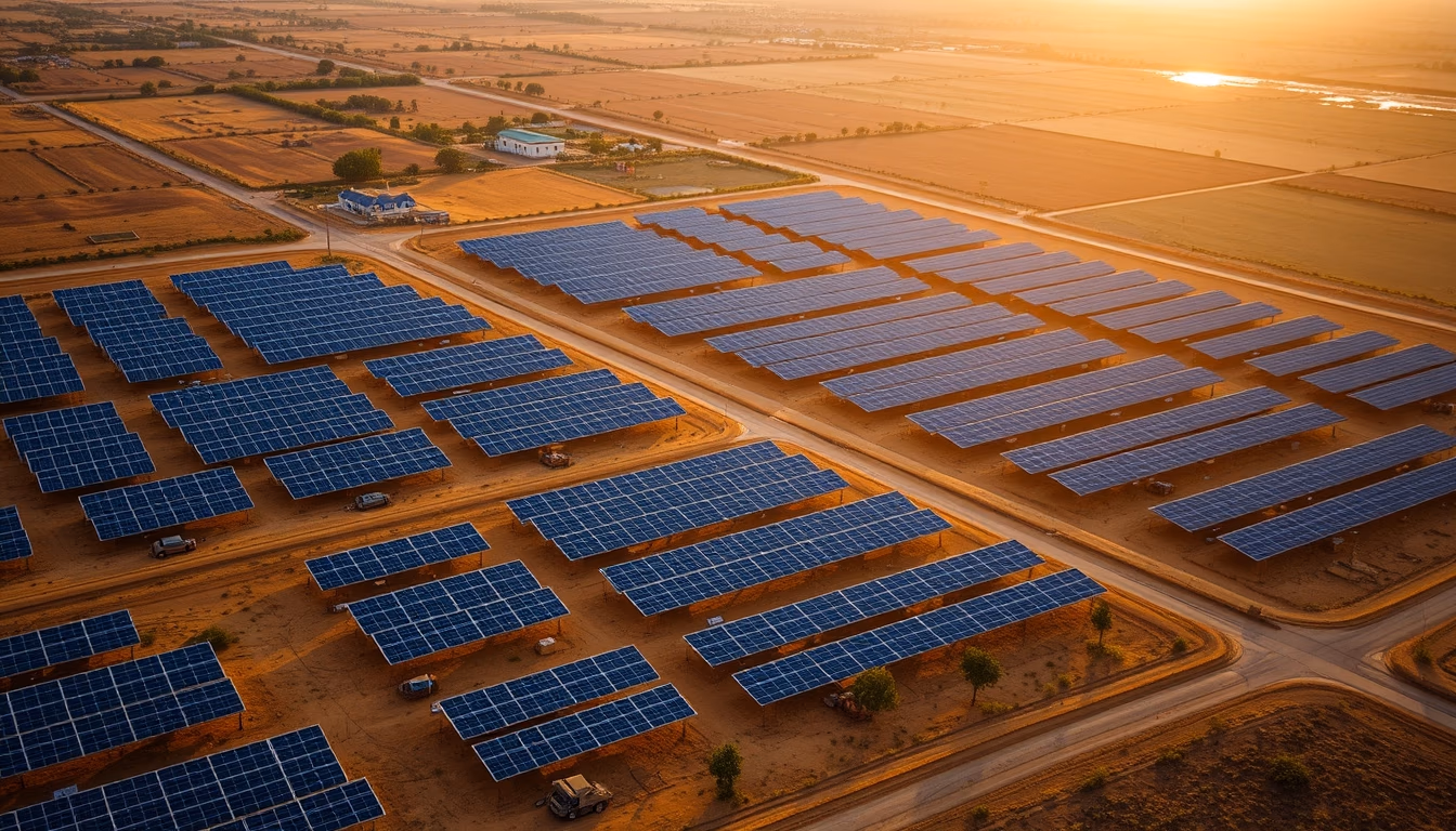 solar farm aerial vast in editorial style