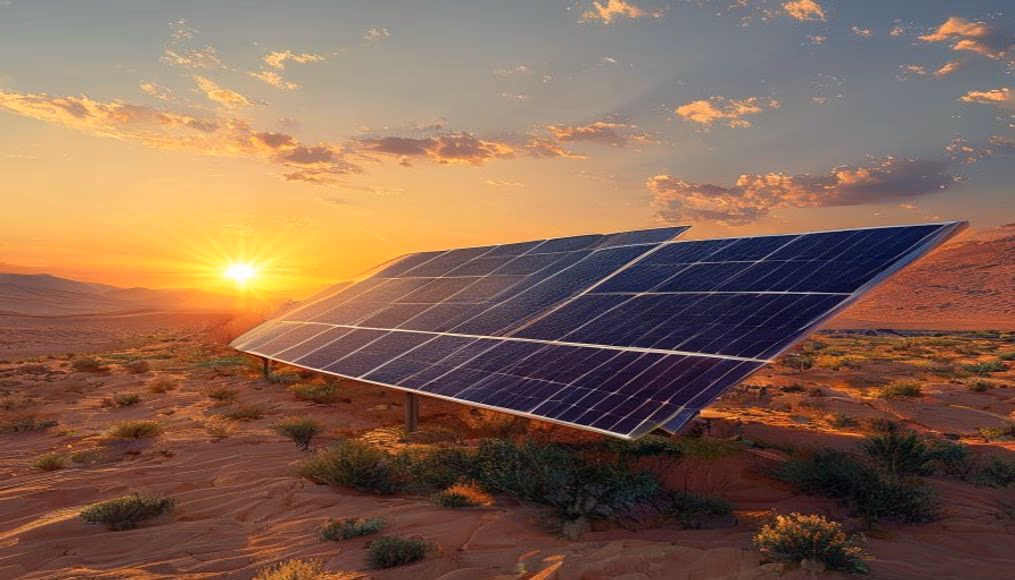 solar panel array desert in editorial style