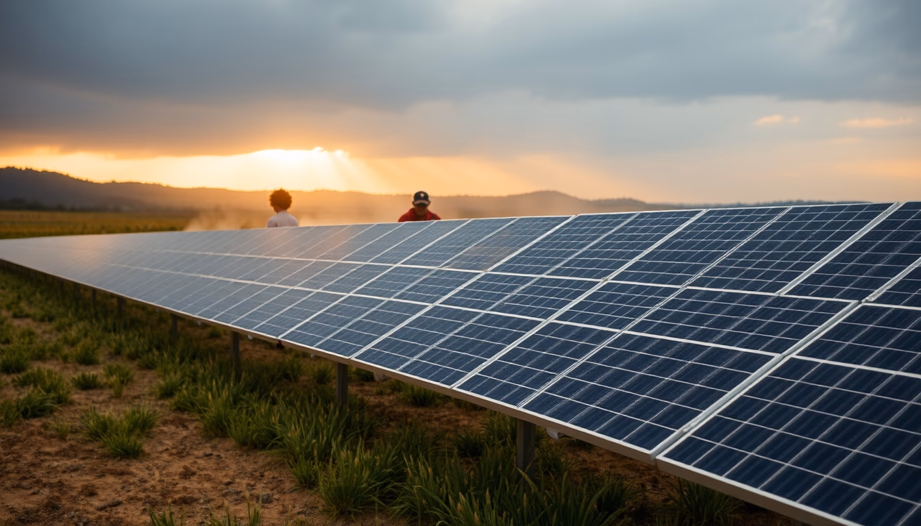 solar panel farm in dry Brazilian landscape in editorial style