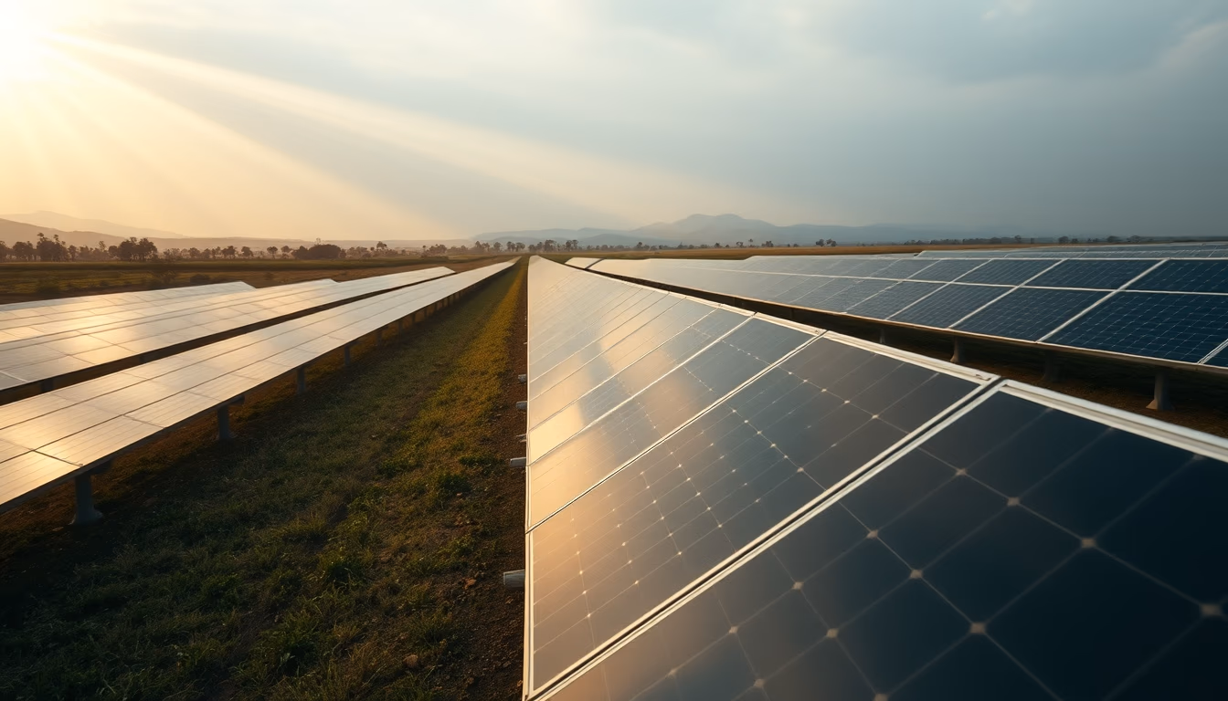 solar panel farm in dry Brazilian landscape in editorial style
