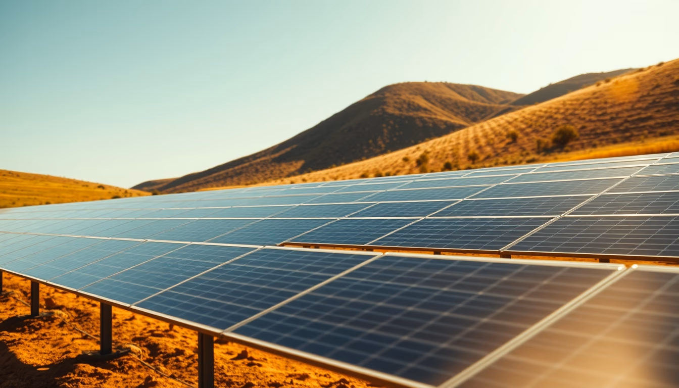 solar panel farm in dry Brazilian landscape in editorial style