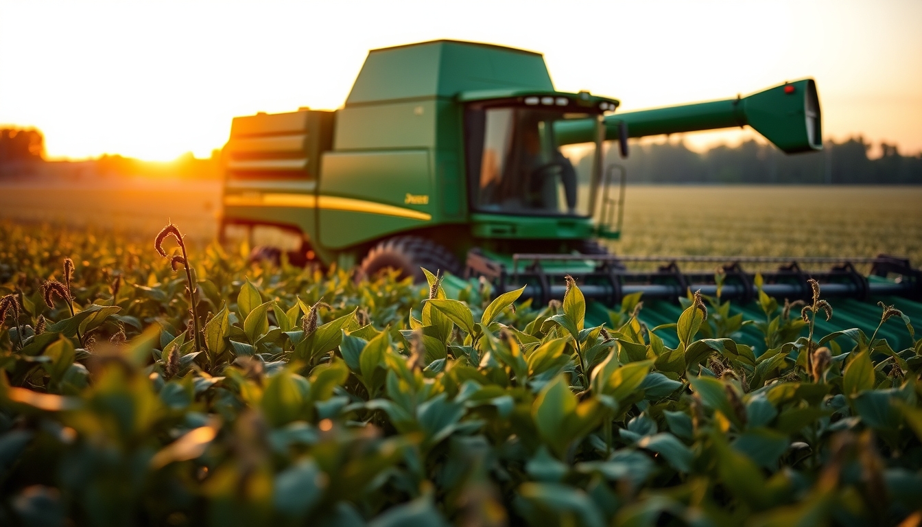 Lavoura de soja com colheitadeira John Deere no fim da tarde em estilo editorial