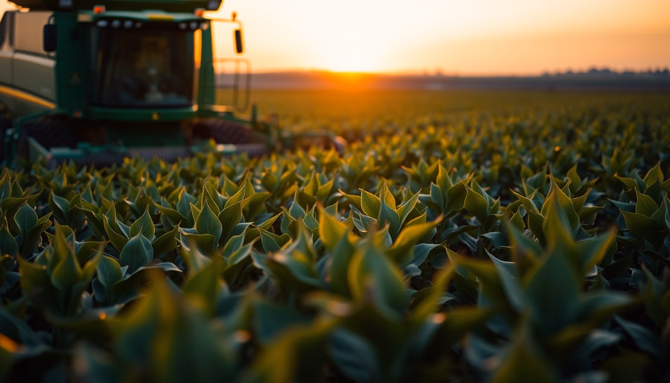 soybean field with green John Deere harvester at golden hour in editorial style