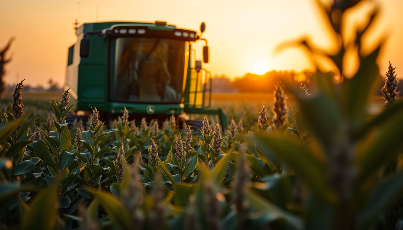 soybean field with green John Deere harvester at golden hour in editorial style
