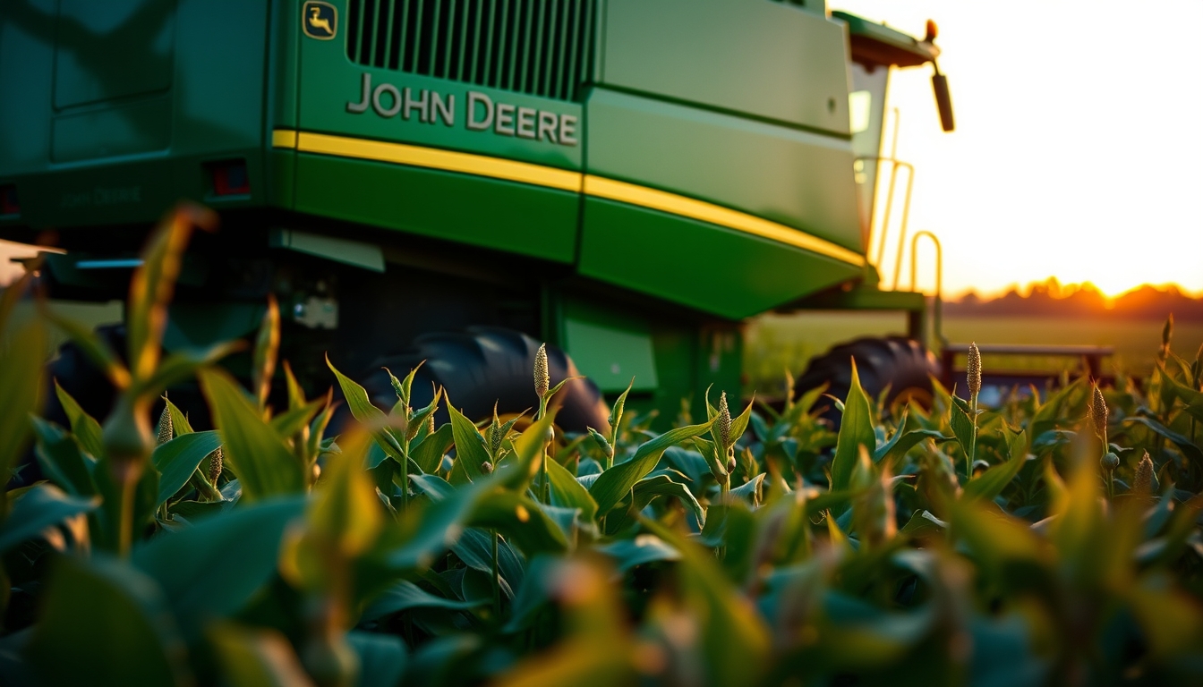Lavoura de soja com colheitadeira John Deere no fim da tarde em estilo editorial