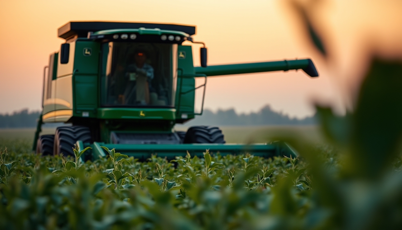 Lavoura de soja com colheitadeira John Deere no fim da tarde em estilo editorial