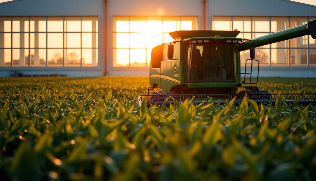 soybean field with green John Deere harvester at golden hour in editorial style