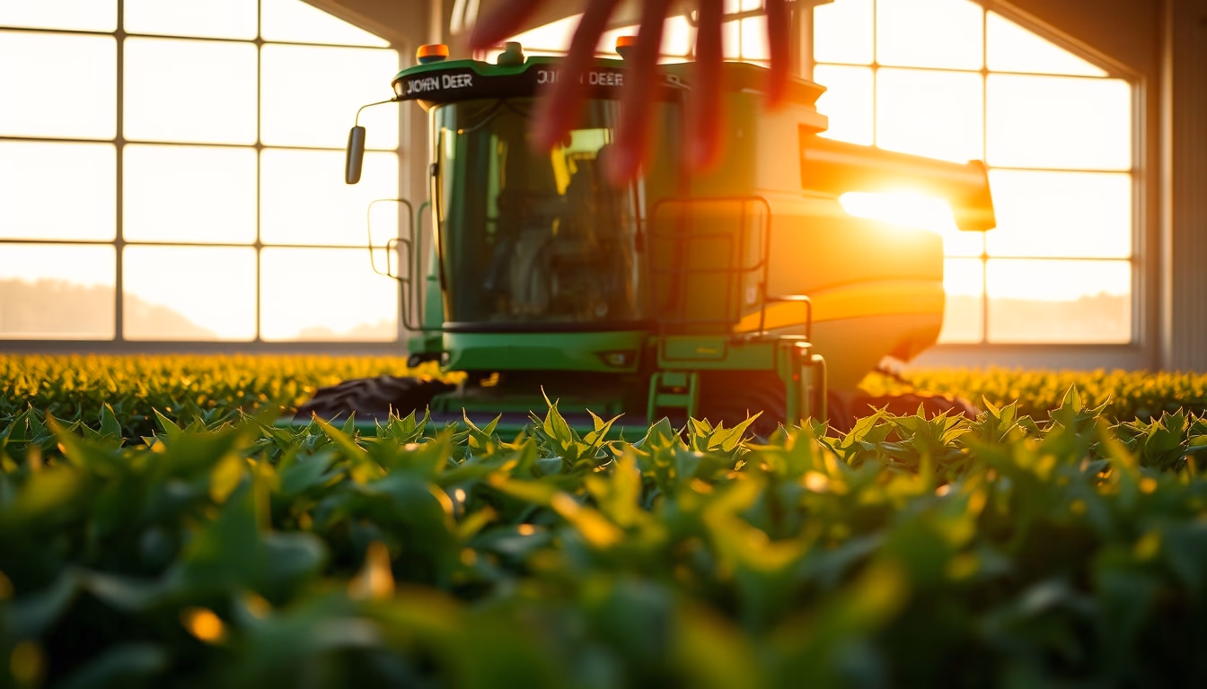soybean field with green John Deere harvester at golden hour in editorial style