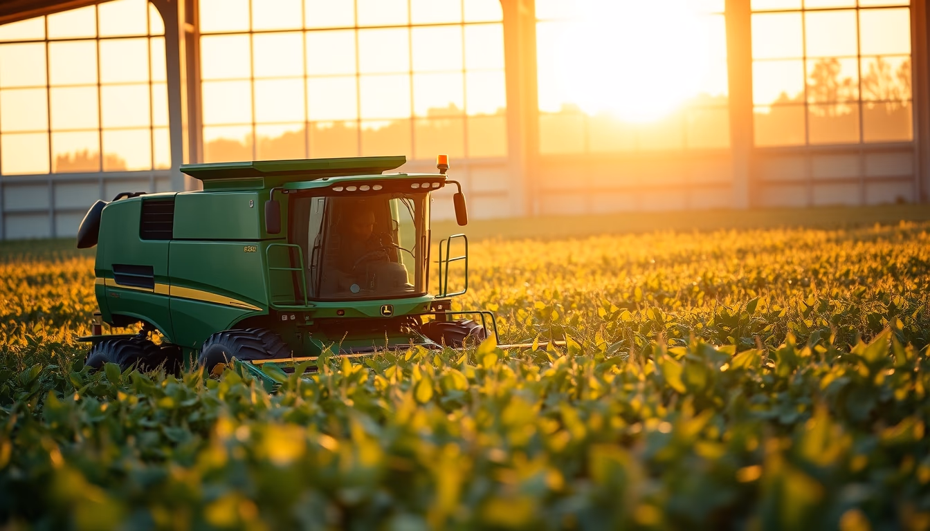 soybean field with green John Deere harvester at golden hour in editorial style