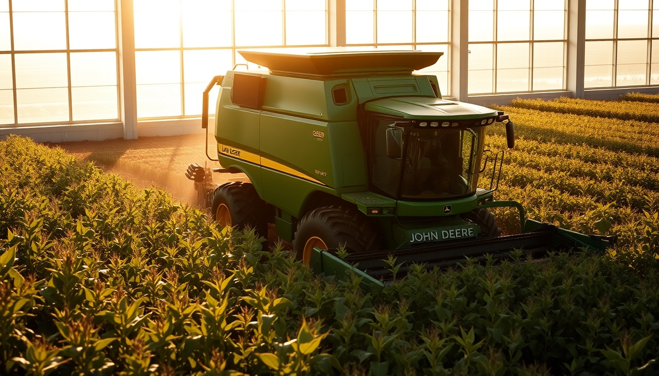 Lavoura de soja com colheitadeira John Deere no fim da tarde em estilo editorial
