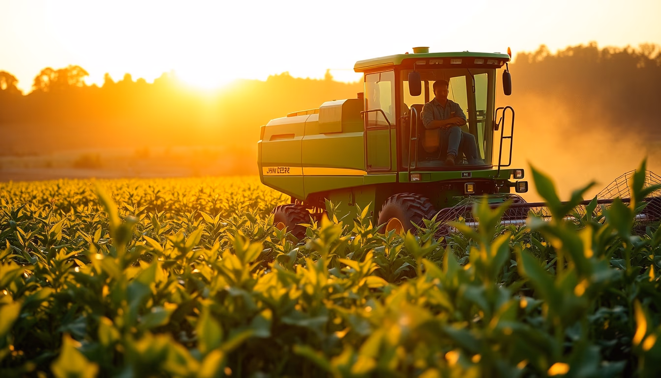 soybean field with green John Deere harvester at golden hour in editorial style