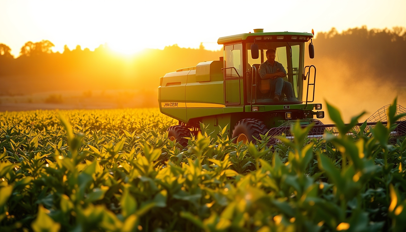 Lavoura de soja com colheitadeira John Deere no fim da tarde em estilo editorial