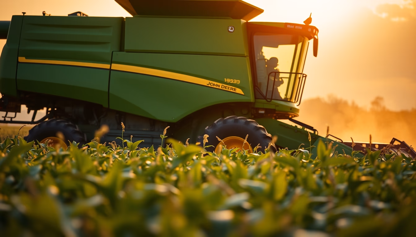 soybean field with green John Deere harvester at golden hour in editorial style