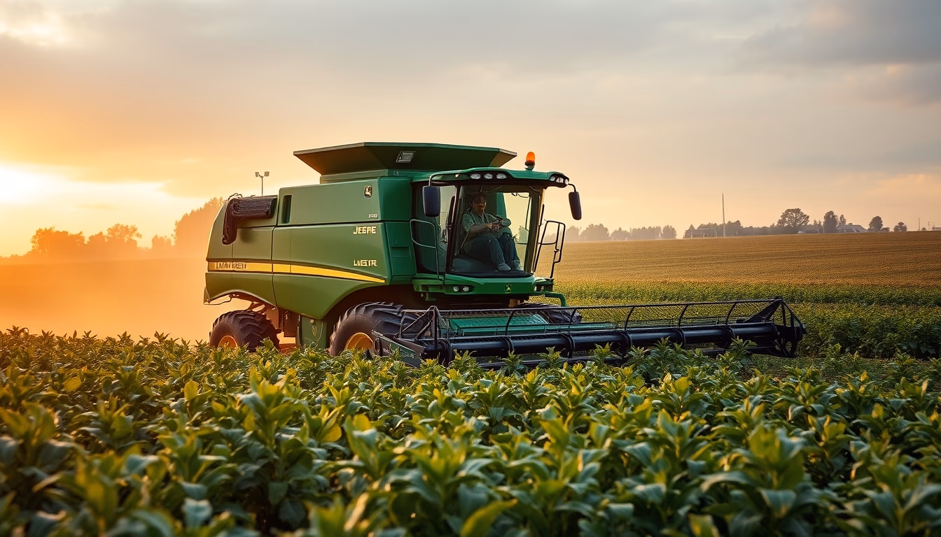 soybean field with green John Deere harvester at golden hour in editorial style