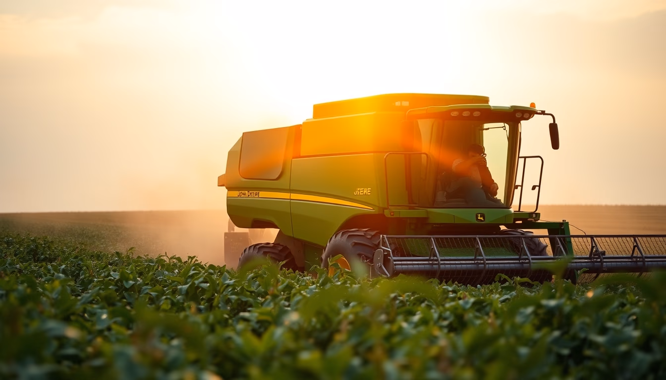 soybean field with green John Deere harvester at golden hour in editorial style
