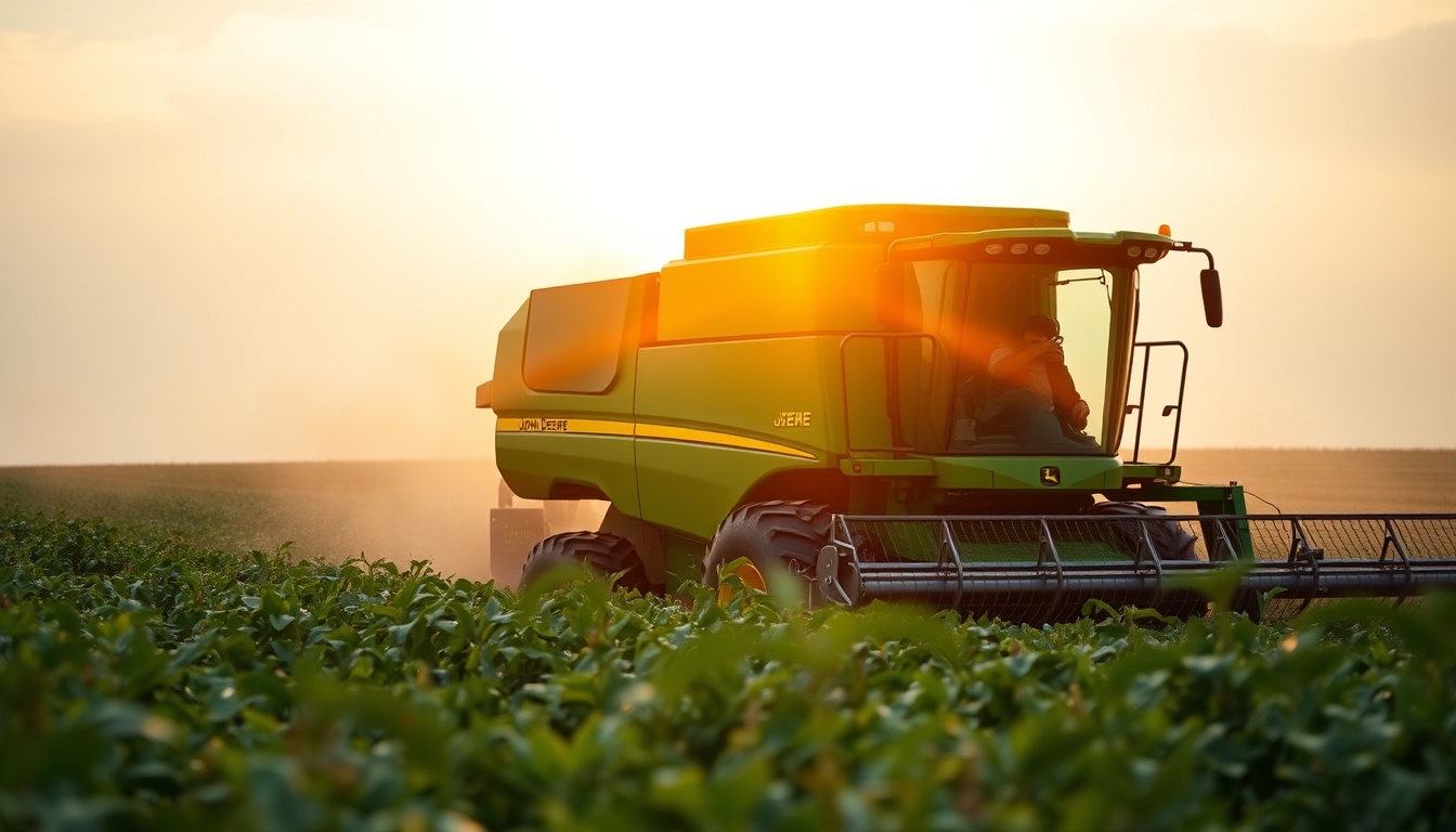 Lavoura de soja com colheitadeira John Deere no fim da tarde em estilo editorial