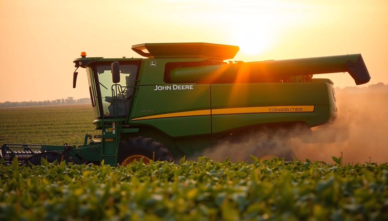 soybean field with green John Deere harvester at golden hour in editorial style