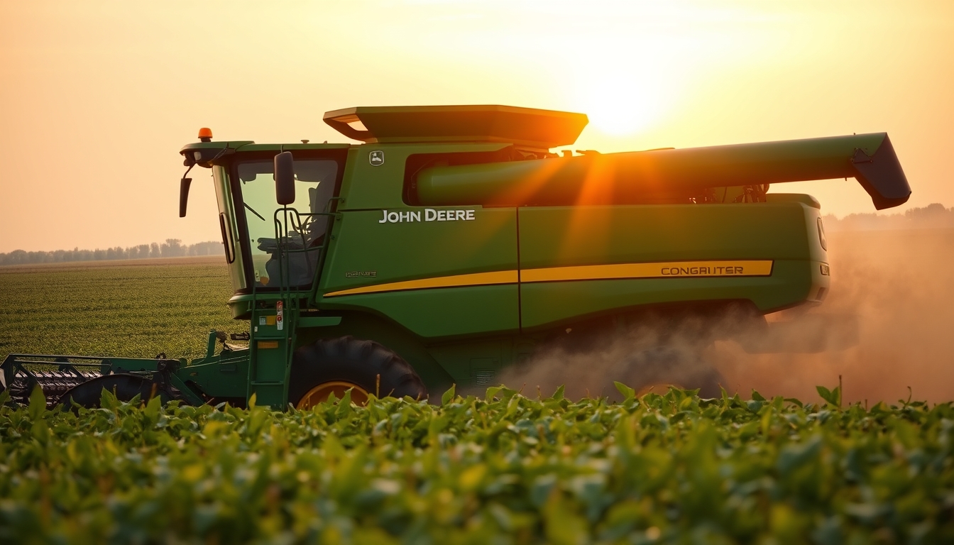Lavoura de soja com colheitadeira John Deere no fim da tarde em estilo editorial