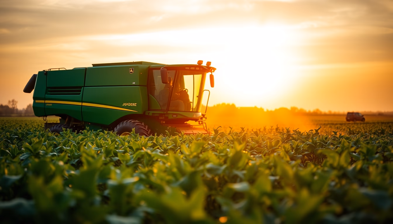 soybean field with green John Deere harvester at golden hour in editorial style