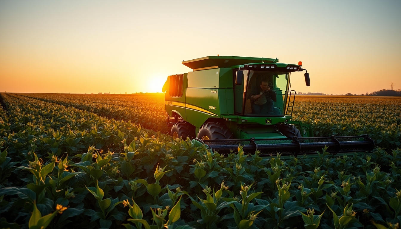 Lavoura de soja com colheitadeira John Deere no fim da tarde em estilo editorial