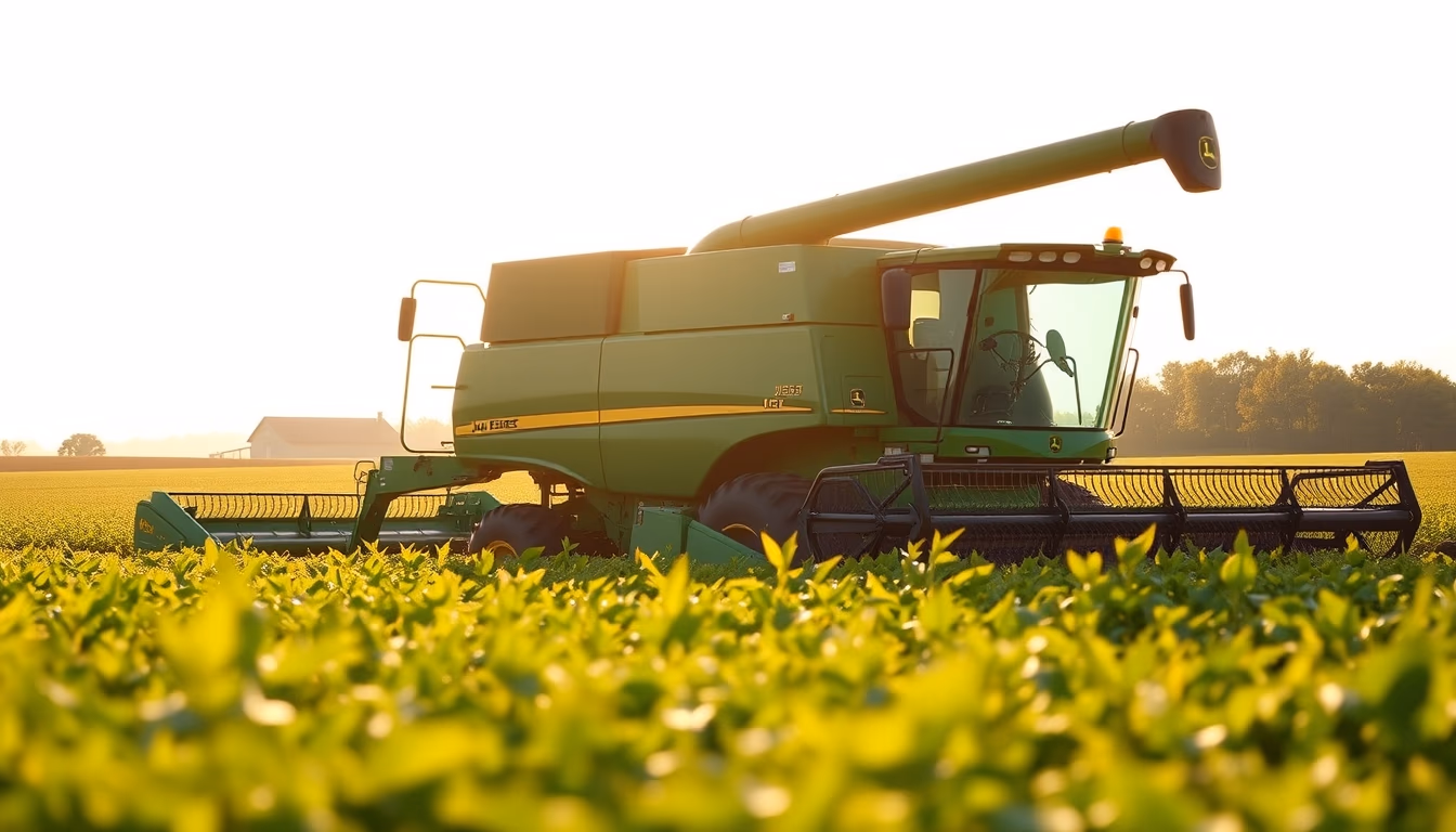 soybean field with green John Deere harvester at golden hour in editorial style