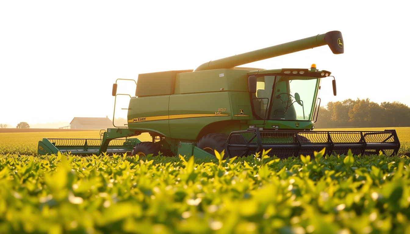 Lavoura de soja com colheitadeira John Deere no fim da tarde em estilo editorial