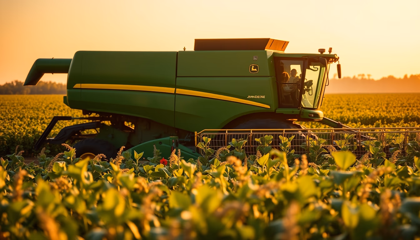 soybean field with green John Deere harvester at golden hour in editorial style