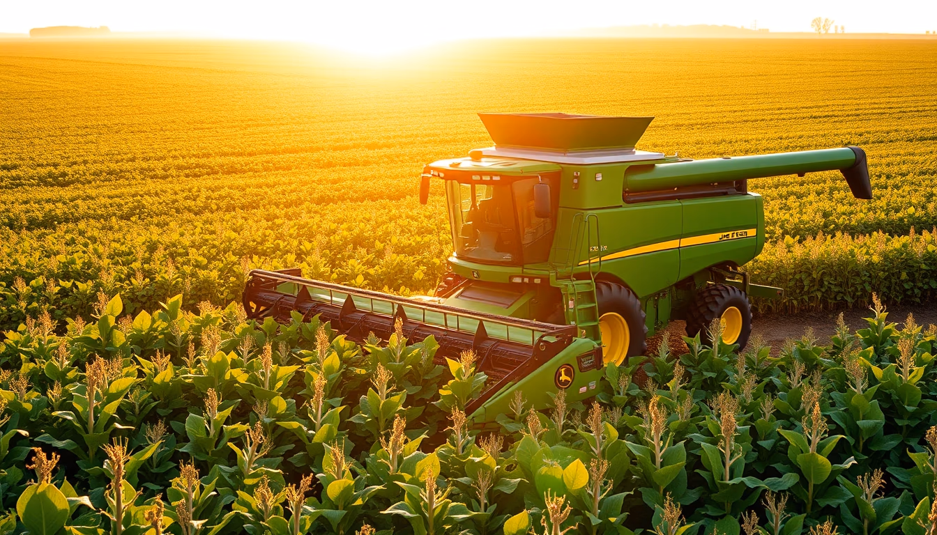 soybean field with green John Deere harvester at golden hour in editorial style