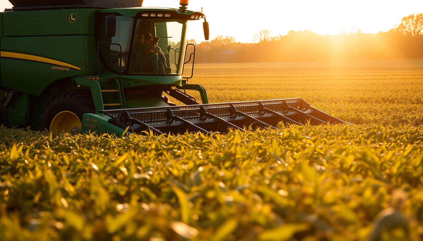 soybean field with green John Deere harvester at golden hour in editorial style