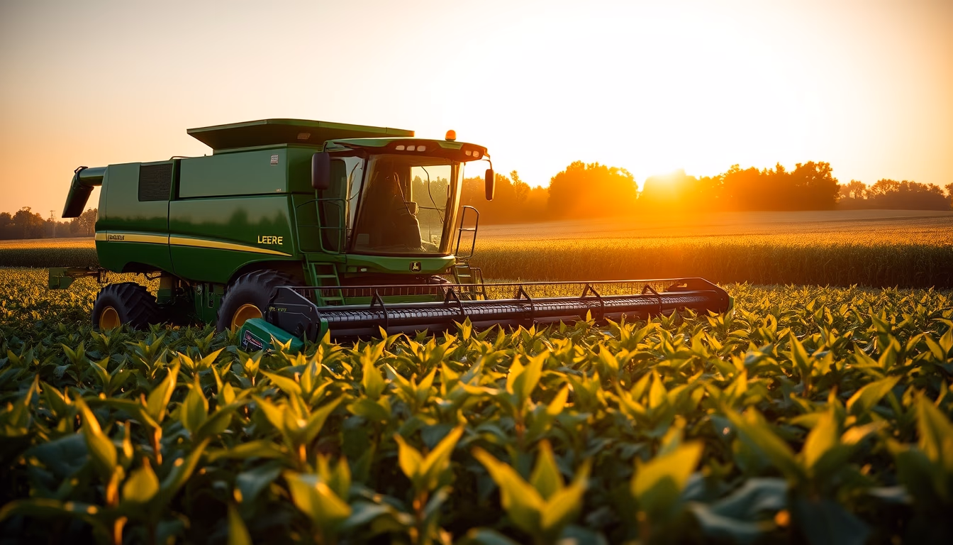soybean field with green John Deere harvester at golden hour in editorial style