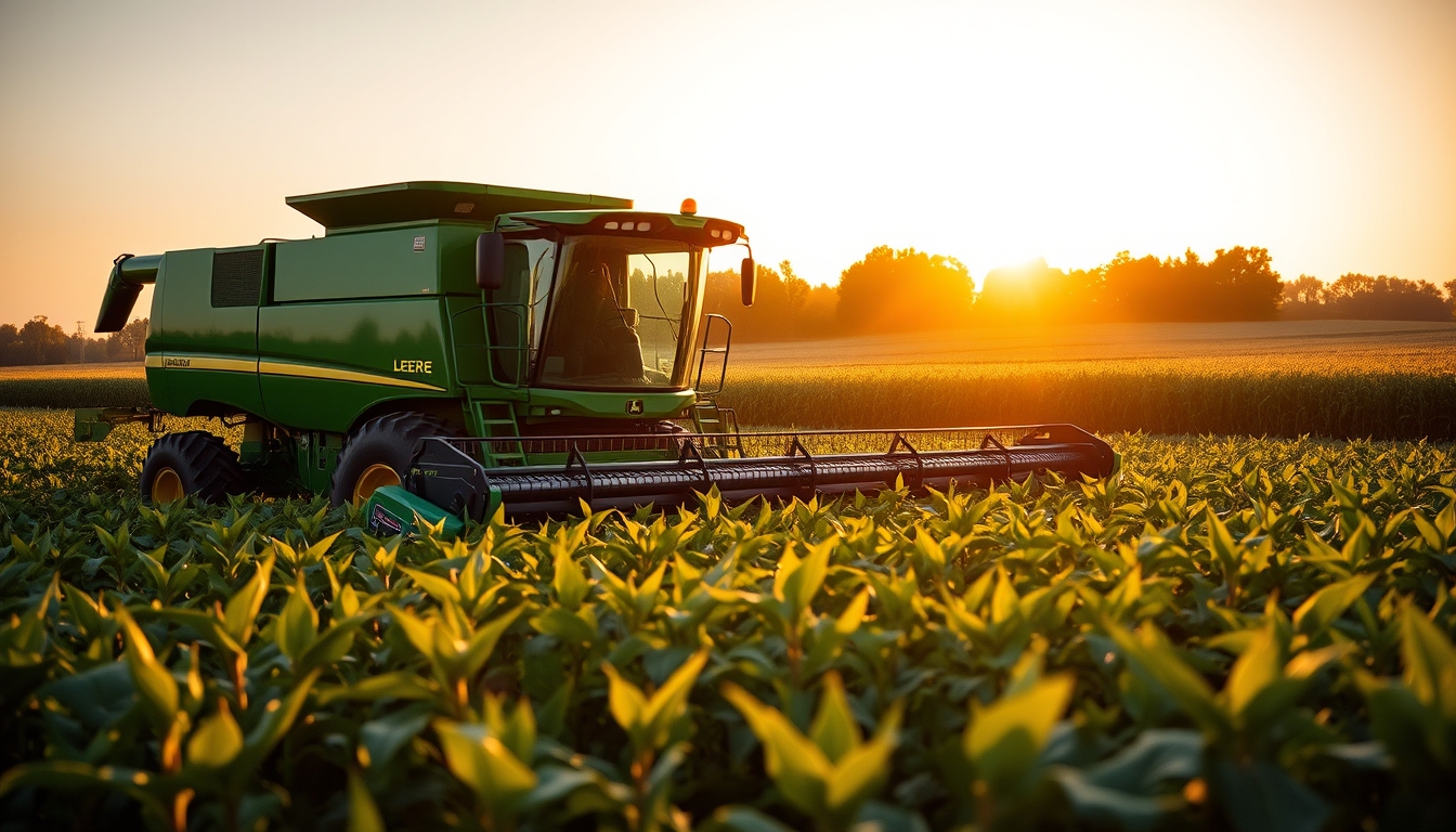 Lavoura de soja com colheitadeira John Deere no fim da tarde em estilo editorial
