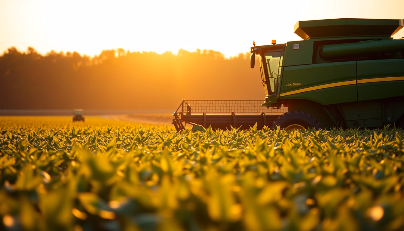 soybean field with green John Deere harvester at golden hour in editorial style