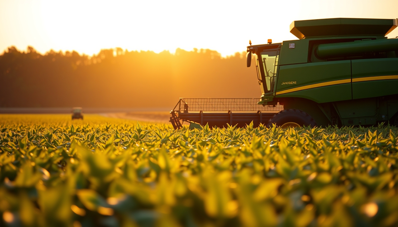 Lavoura de soja com colheitadeira John Deere no fim da tarde em estilo editorial