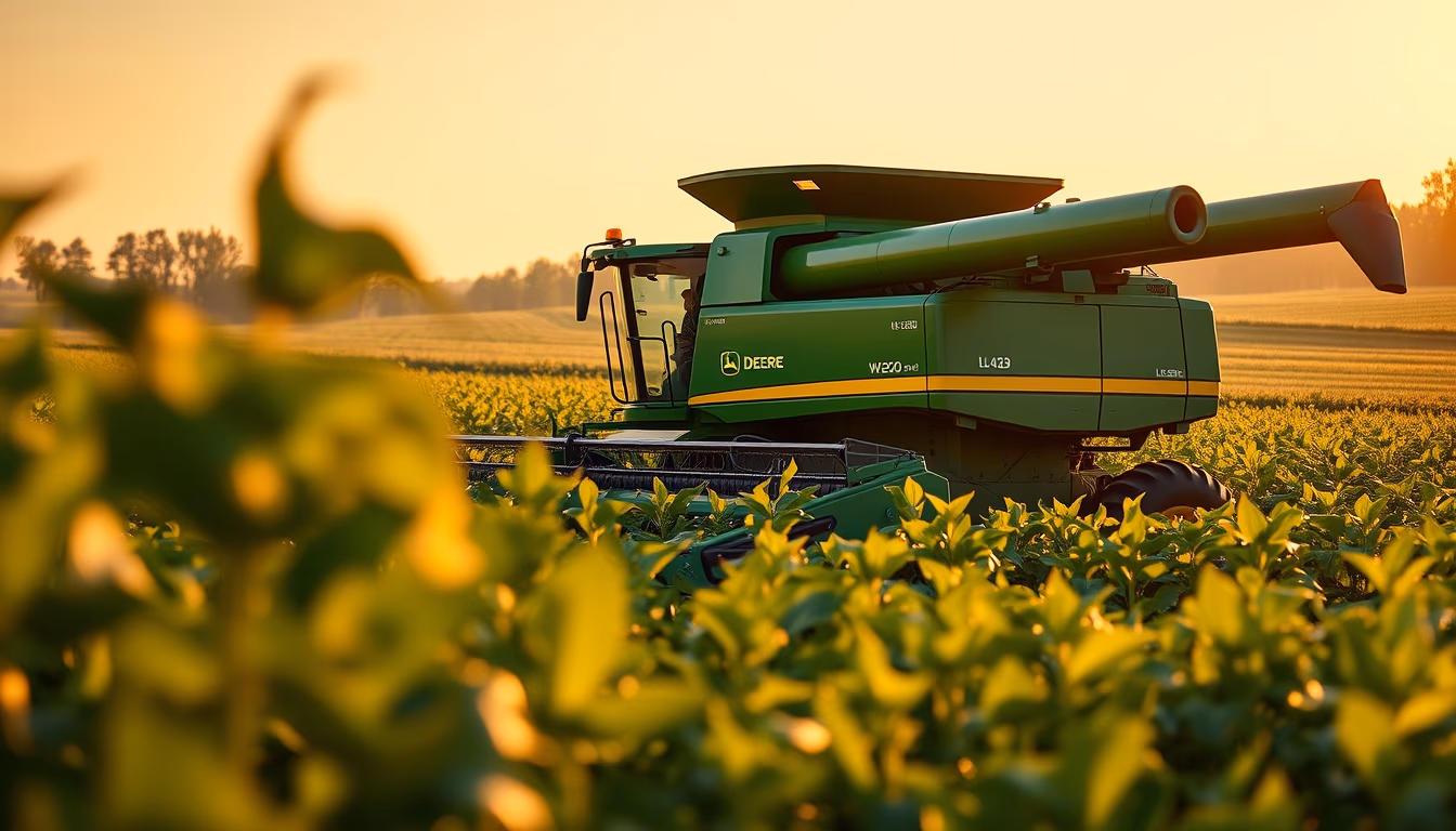 soybean field with green John Deere harvester at golden hour in editorial style